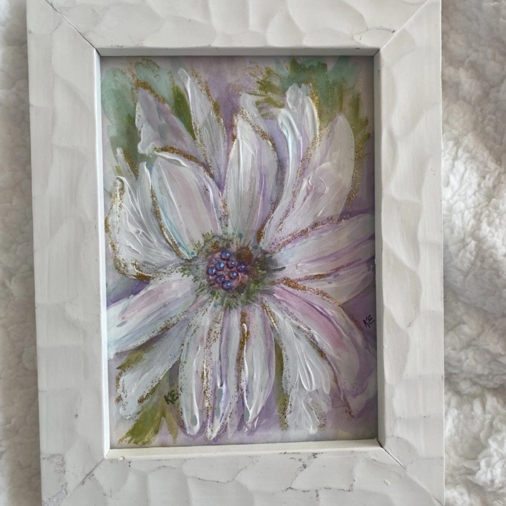 White, pastel textured mixed media floral painting  Framed 9x7 inches OOAK - Picture 4 of 6
